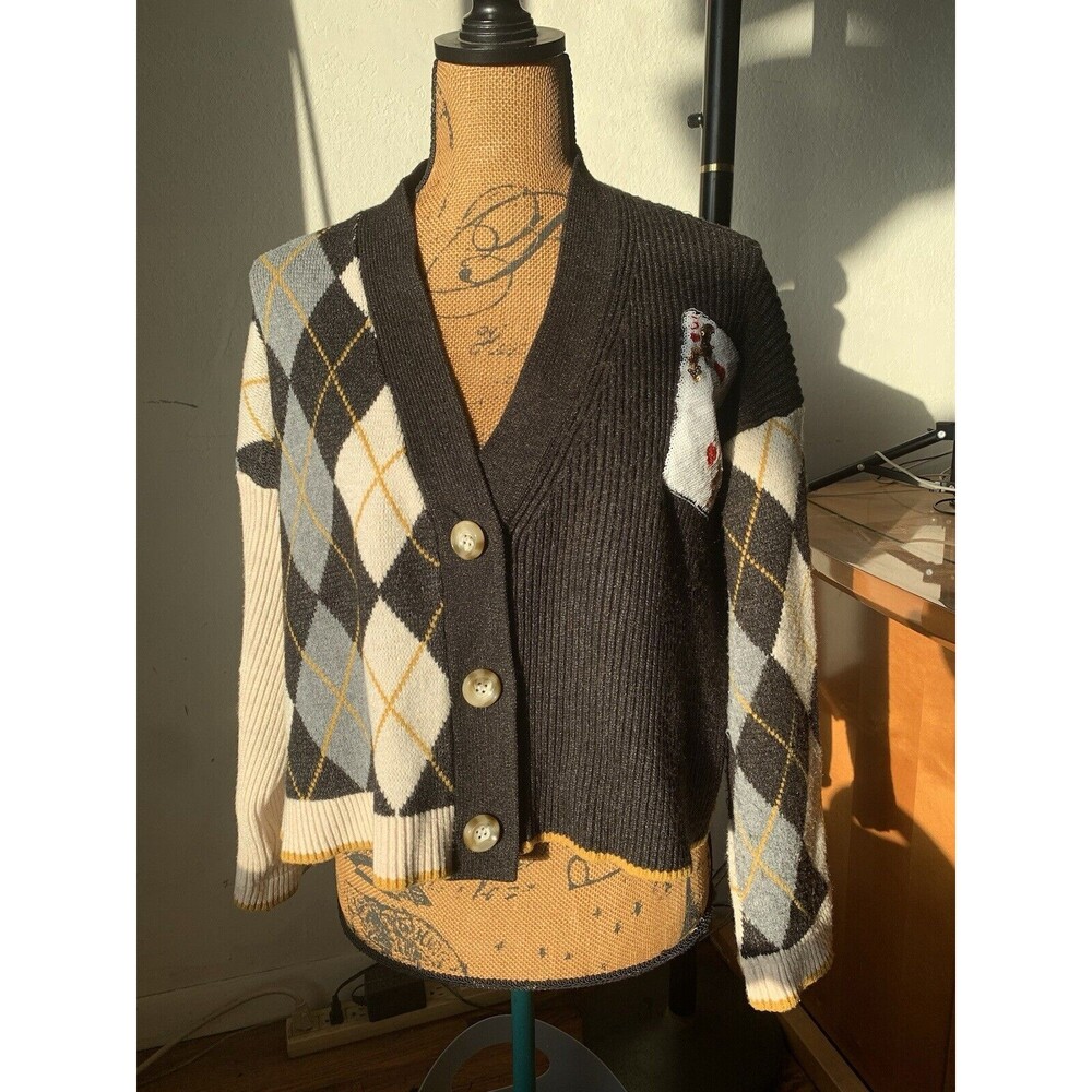 OOAK?  Harlequin Crop Top Joker Devolution Cable Knit CARDIGAN Sweater Size 3X